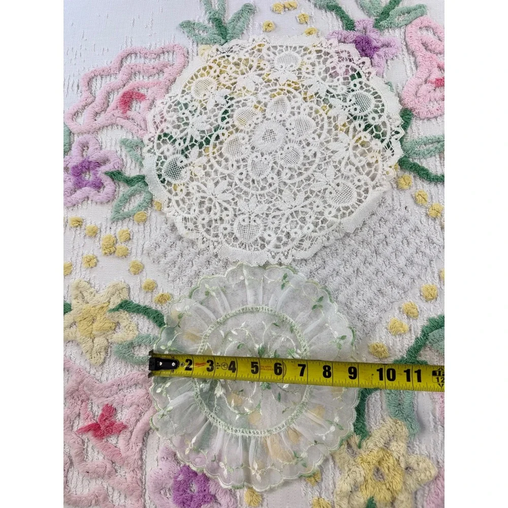 Vintage Lace Doily Set Cream Battenberg Lace & Green Embroidered Organza 2pc